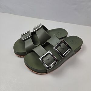 Green Slide Sandals with Silver Buckles
